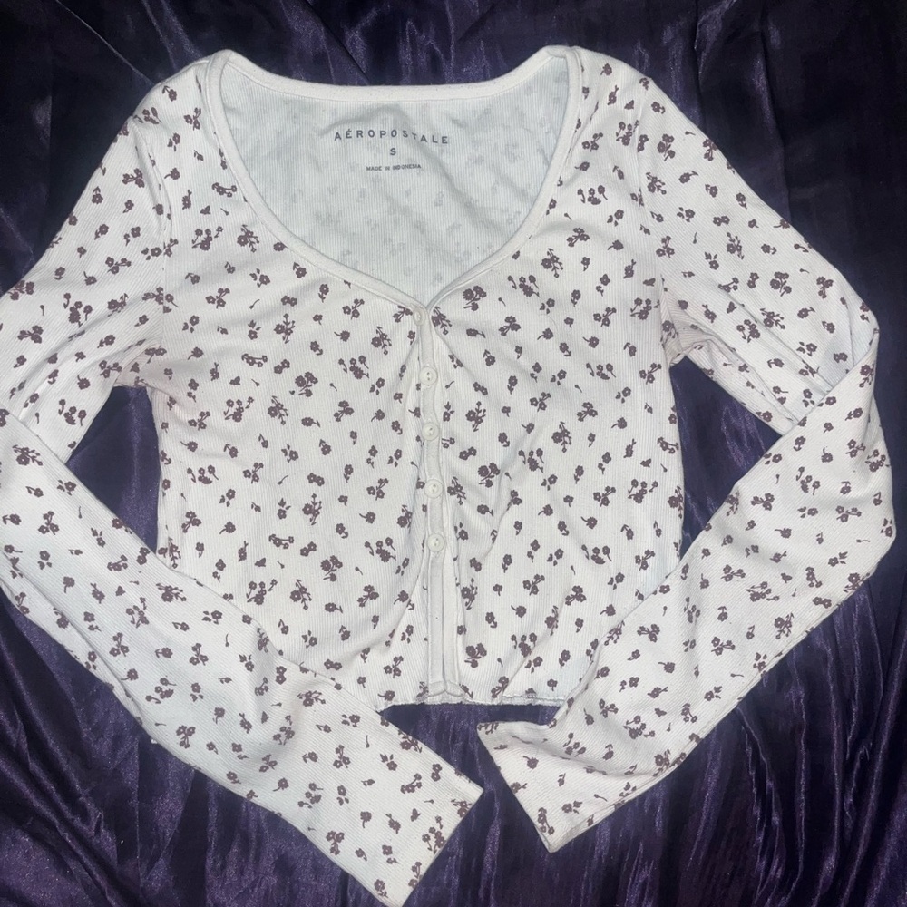Aeropostale Floral Ribbed Cropped Button-Up Top size small